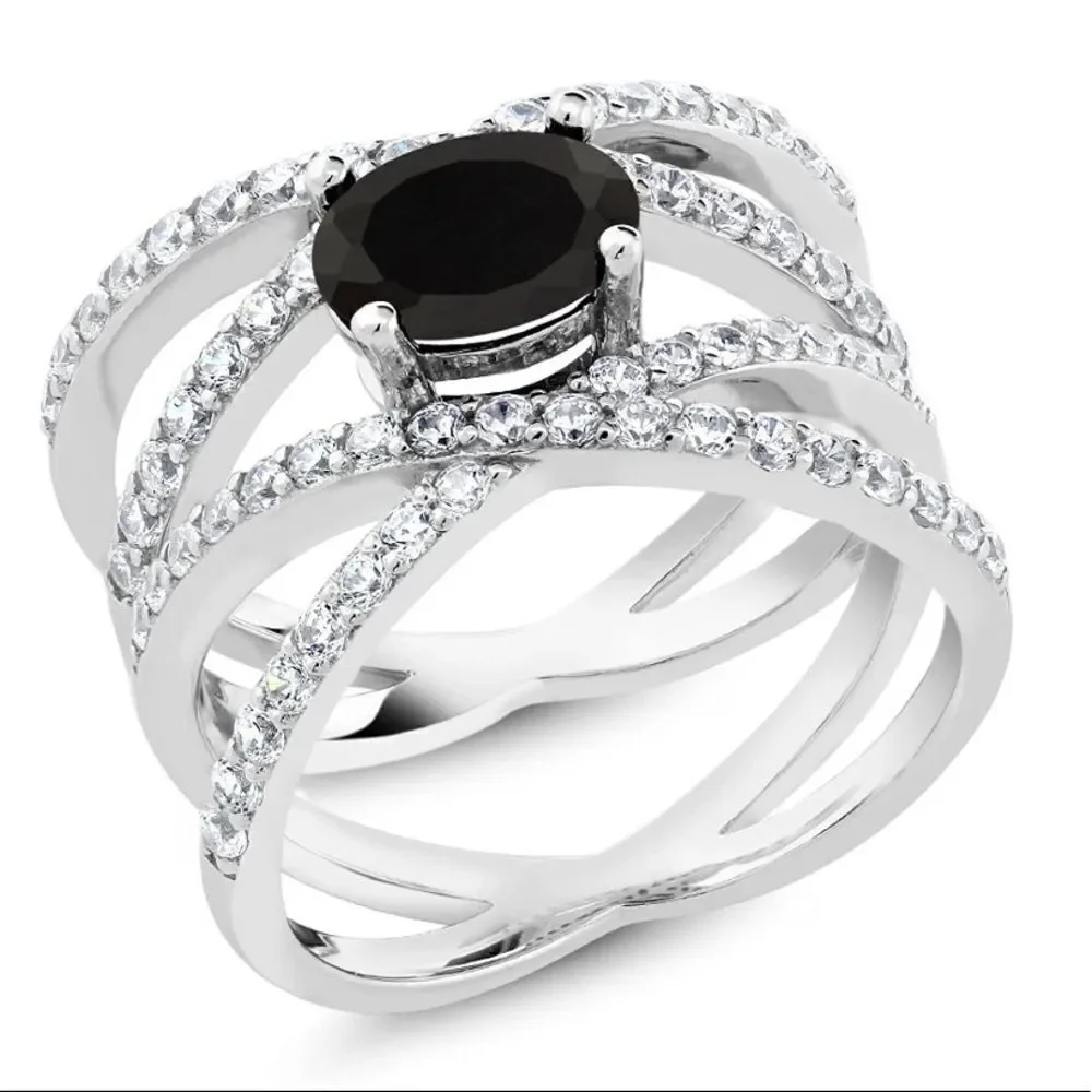 .925 Sterling Silver with Natural Black Onyx and Diamond Cubic Zirconia Ring